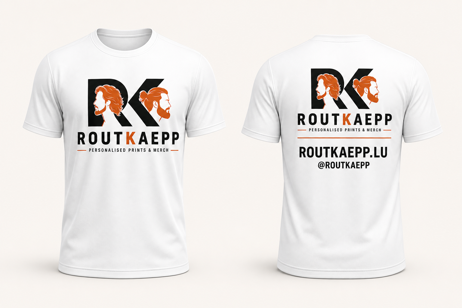 Designbeispiel: weiße Routkaepp-Shirts mit orange-schwarzem Logo, von vorne und hinten